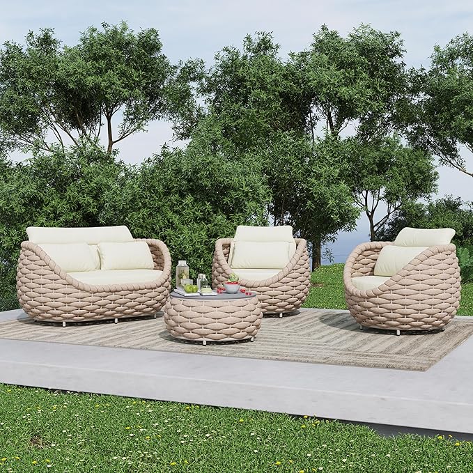 4 Piece Aluminum Patio Furniture: Hand Woven Rope Sofa - Modern Outdoor Sofa Seating with Cushion - All Weather Patio Set for Deck, Yard, Garden, Poolside, Hotel - Terracotta