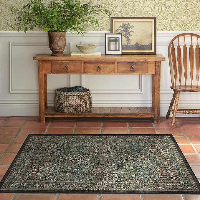 RUGGABLE x Morris & Co Washable Area Rug – Blackthorn Forest Green 4x6, Stain-Resistant, Non-Slip – Medium Machine Washable Rugs for Living Room, Bedroom, Hallway, Entryway & Office–with Standard Pad