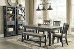 Signature Design by Ashley Tyler Creek Farmhouse Upholstered Dining Room Bench with Tapered Legs, Heavy Woven Fabric, Wood, 19.5" High Seat, Black & Gray
