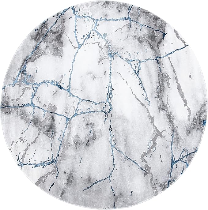 SAFAVIEH Craft Collection Area Rug - 5'3" Round, Ivory Grey & Blue, Modern Abstract Design, Non-Shedding & Easy Care, Ideal for High Traffic Areas in Living Room, Bedroom (CFT877M)