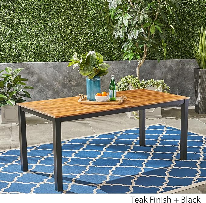 Christopher Knight Home Zak Outdoor 71" Acacia Wood Dining Table, Teak Finish, Black