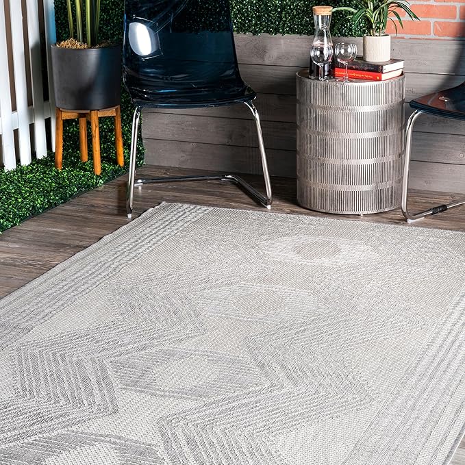 nuLOOM 7' Square Outdoor Tribal Geometric Area Rug, Stain Resistant, Weather Resistant, High Traffic, Patio, Balcony, Outside, Ranya Light Grey