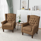 High Back Accent Chairs Set of 2, High Wingback Chair for Living Room, Button-Tufted Upholstered Fabric Armchair with Solid Wood Legs, Comfy Single Sofa Reading Chair for Bedroom, Brown