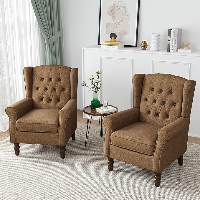 High Back Accent Chair, High Wingback Chair for Living Room, Button-Tufted Upholstered Fabric Armchair with Solid Wood Legs, Comfy Single Sofa Reading Chair for Bedroom, Brown