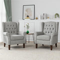 High Back Accent Chairs Set of 2, High Wingback Chair for Living Room, Button-Tufted Upholstered Fabric Armchair with Solid Wood Legs, Comfy Single Sofa Reading Chair for Bedroom, Light Gray