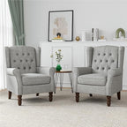 High Back Accent Chairs Set of 2, High Wingback Chair for Living Room, Button-Tufted Upholstered Fabric Armchair with Solid Wood Legs, Comfy Single Sofa Reading Chair for Bedroom, Light Gray