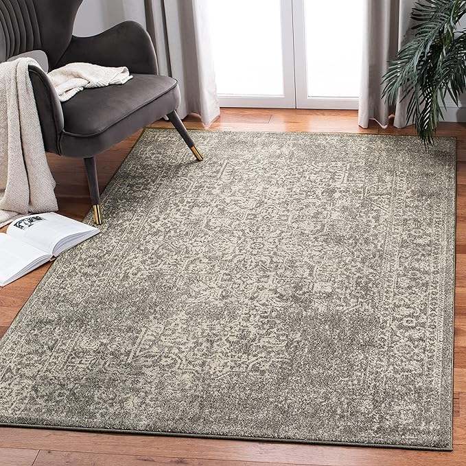 SAFAVIEH Evoke Collection 5'1" x 7'6" Silver / Ivory EVK256S Oriental Distressed Non-Shedding Living Room Bedroom Area Rug