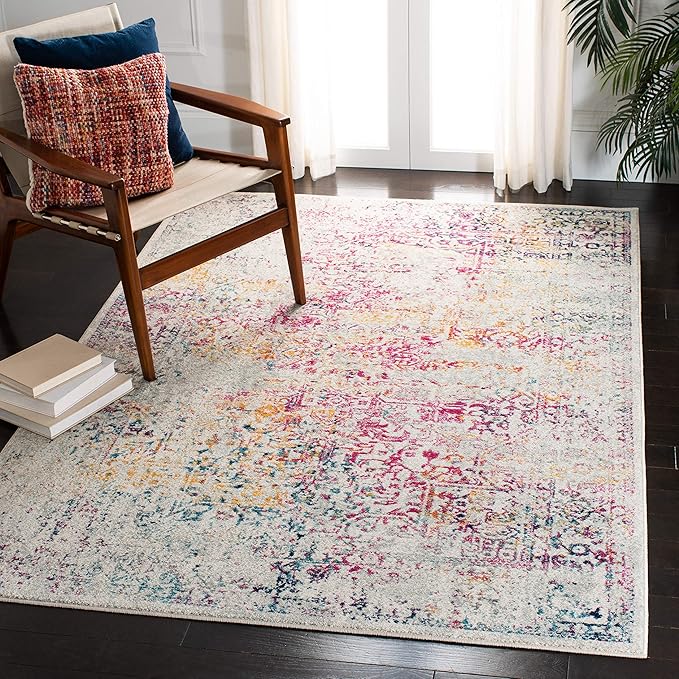 SAFAVIEH Evoke Collection Area Rug - 6'7" Square, Ivory & Fuchsia, Distressed Design, Non-Shedding & Easy to Clean, Ideal for Living Room, Bedroom, Dining Space (EVK256Q)