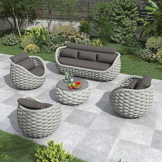 Aluminum Outdoor Seating Set: 5 Pieces Woven Rope Patio Conversation Set - Metal Sofa Set Cushioned Assembled - Modern Couch Porch Furniture for Deck Lanai Balcony Yard Poolside Hotel Resort
