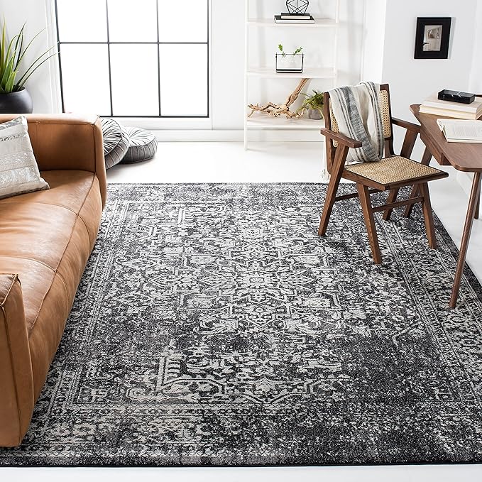 SAFAVIEH Area Rug 9x12 - Evoke Collection - Large - Black & Grey, Distressed Design, Non-Shedding & Easy to Clean, Ideal for Living Room, Bedroom, Dining Space (EVK256R)