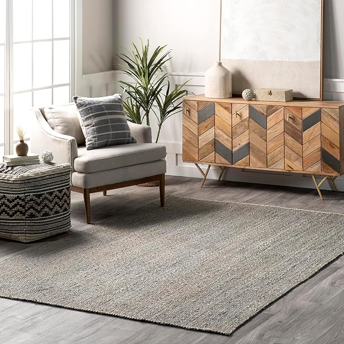 nuLOOM 5x8 Rigo Jute Hand Woven Area Rug, Grey, Solid Farmhouse Design, Natural Fiber, For Bedroom, Living Room, Dining Room, Hallway, Office, Kitchen, Entryway