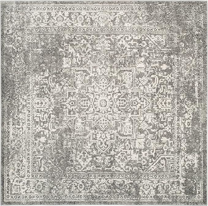 SAFAVIEH Evoke Collection Area Rug - 5'3" Square, Grey & Ivory, Distressed Design, Non-Shedding & Easy to Clean, Ideal for Living Room, Bedroom, Dining Space (EVK256D)