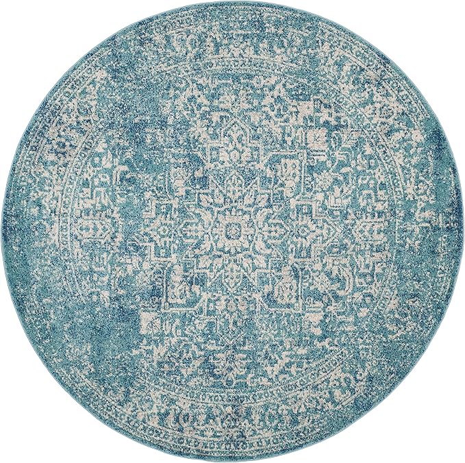 SAFAVIEH Evoke Collection Area Rug - 5'3" Round, Blue & Ivory, Distressed Design, Non-Shedding & Easy to Clean, Ideal for Living Room, Bedroom, Dining Space (EVK256C)