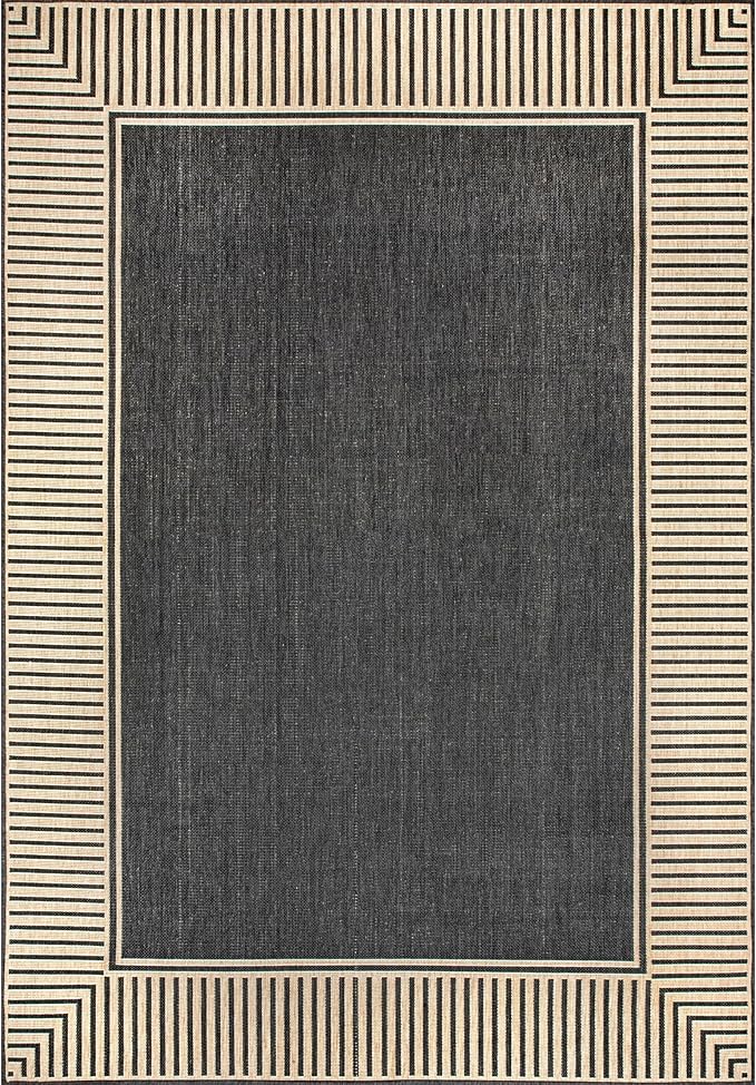 nuLOOM 10' x 13' Outdoor Area Rug, Casual Design with Striped Border, Stain Resistant, Highly Durable, for Patio, Balcony, Bedroom, Living Room, Dining Room, Bathroom, Dark Grey