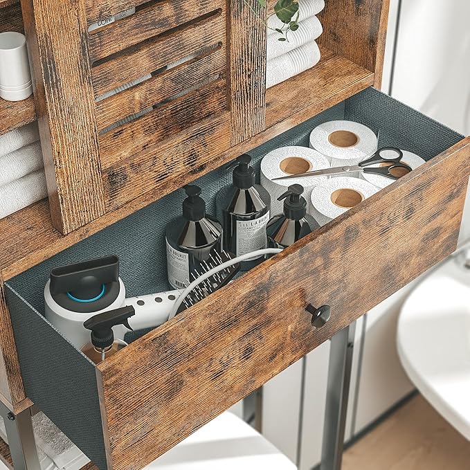 IRONCK Over The Toilet Storage Rack with Cabinet and Drawer, 6 Tier Bathroom Organizer Shelves Space Saver with Adjustable Shelf, Sliding Door, Paper Hook, Vintage Brown