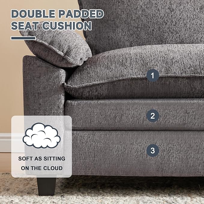 114 Inch Cloud Couch Sectionals with Ottoman, Big Comfy Modular Couches, Cloud Sofas, L Shaped 5 Seat Modular Sectional Sofa, Modern Sectional Couches for Living Room, Deep Seat Sofa, Grey