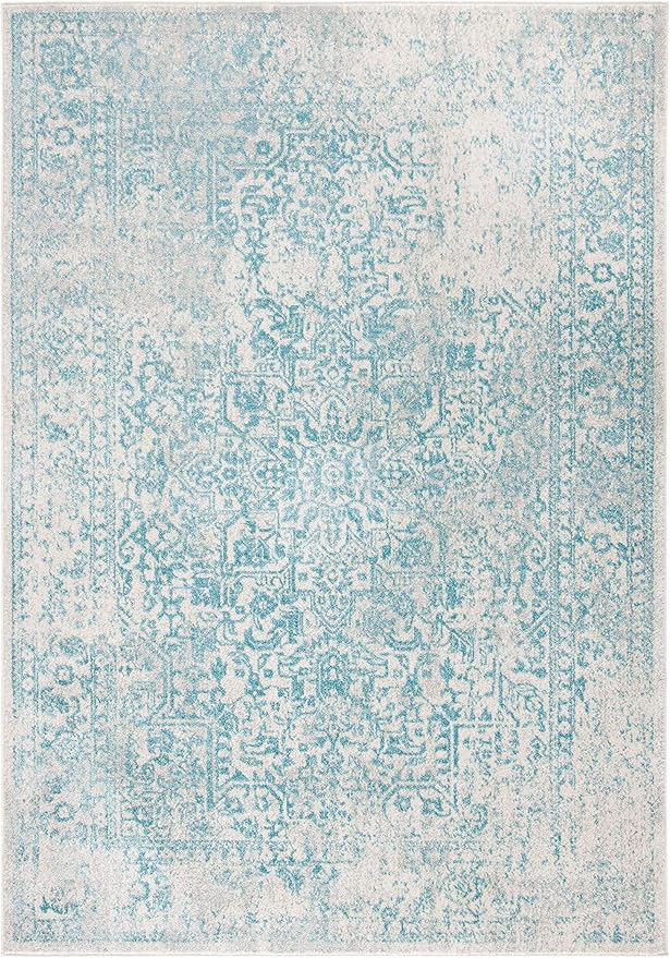 SAFAVIEH Area Rug 9x12 - Evoke Collection - Large - Ivory & Aqua, Distressed Design, Non-Shedding & Easy to Clean, Ideal for Living Room, Bedroom, Dining Space (EVK256J)