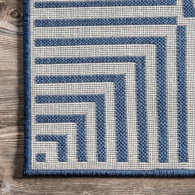 nuLOOM 10' x 12' Outdoor Area Rug, Casual Design With Striped Border, Stain Resistant, Highly Durable, For Patio, Balcony, Bedroom, Living Room, Dining Room, Bathroom, Navy