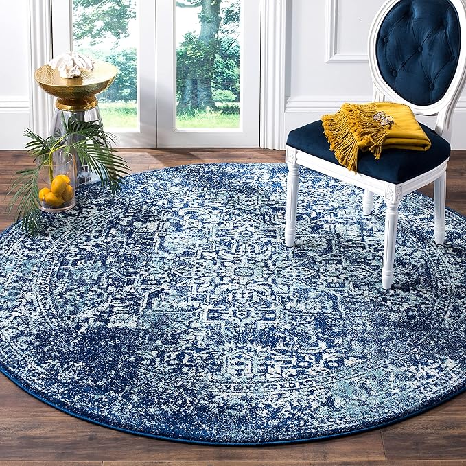 SAFAVIEH Evoke Collection Area Rug - 6'7" Round, Navy & Ivory, Distressed Design, Non-Shedding & Easy to Clean, Ideal for Living Room, Bedroom, Dining Space (EVK256A)