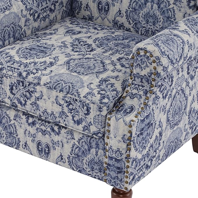 Pia Ricco High Back Floral Accent Chair - Retro Wingback Upholstered Armchair with Nailhead Trim, Solid Wood Legs, Fabric Living Room Bedroom Reading Chair (Flower Navy)