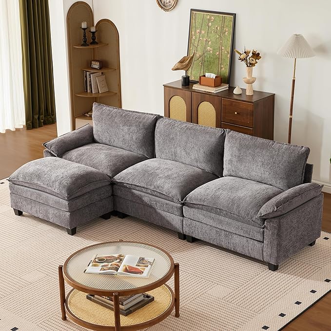 114 Inch Modular Couch Sectionals with Ottoman, Big Comfy Cloud Couches, L Shaped 4 Seat Modular Sectional Sofa, Modern Cloud Sectional Couches for Living Room, Deep Seat Comfy Sofa, Grey