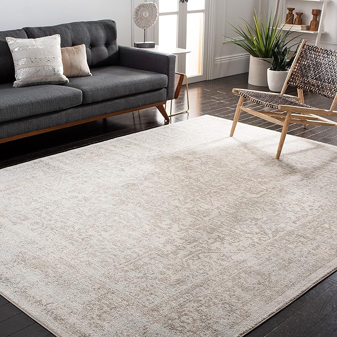 SAFAVIEH Evoke Collection Area Rug - 6'7" Square, Ivory & Taupe, Distressed Design, Non-Shedding & Easy to Clean, Ideal for Living Room, Bedroom, Dining Space (EVK256E)