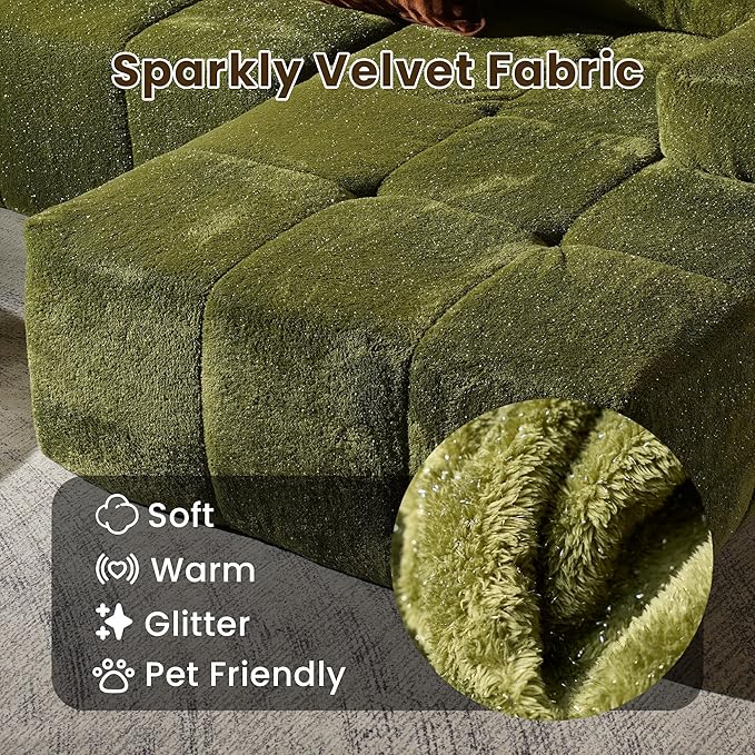 114" Glitter Cloud Sectional Couch with L-Shape Chaise & Ottoman, Modern Boneless Couches for Living Room, Fluffy Tufted Deep Seat Modular Sofa No Assembly (Green Sparkly Velvet,Right Facing)
