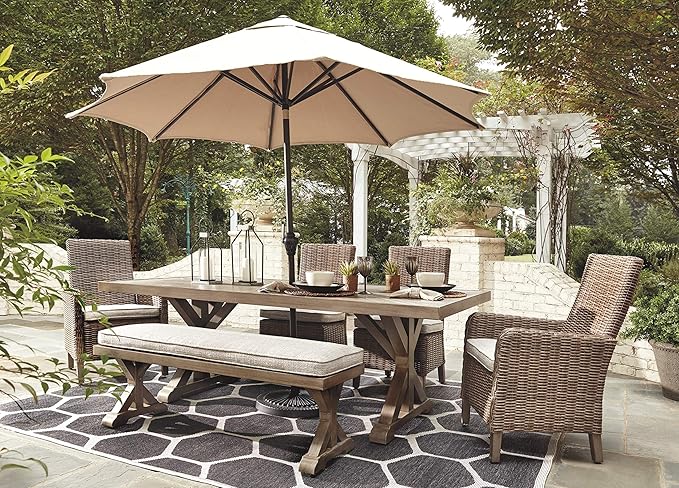 Signature Design by Ashley Beachcroft Modern Farmhouse Outdoor Rectangular Dining Table with Porcelain Table Top, Seats 6 to 8, Umbrella Hole with Cap, Beige