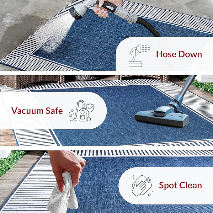 nuLOOM 2' x 3' Outdoor Area Rug, Casual Design With Striped Border, Stain Resistant, Highly Durable, For Patio, Balcony, Bedroom, Living Room, Dining Room, Bathroom, Navy