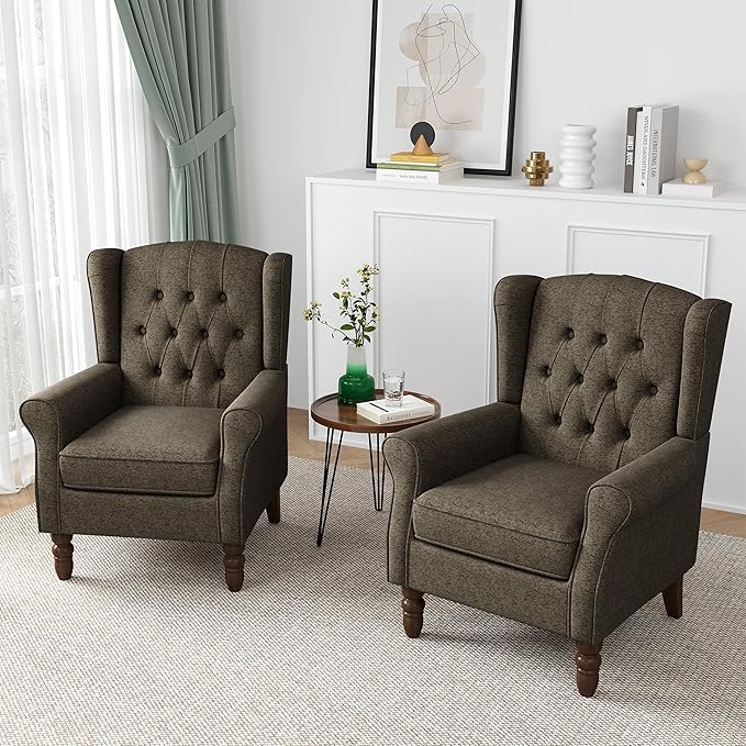 High Back Accent Chairs Set of 2, High Wingback Chair for Living Room, Button-Tufted Upholstered Fabric Armchair with Solid Wood Legs, Comfy Single Sofa Reading Chair for Bedroom, Taupe