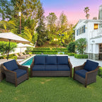 3 Pieces Outdoor Patio Conversation Furniture Set - 75" 3-seat Sofa | 2 Wicker Chairs, Deep Seat Couch, Removable Cushions, PE Rattan, Metal armrests, Yard (Navy Blue)