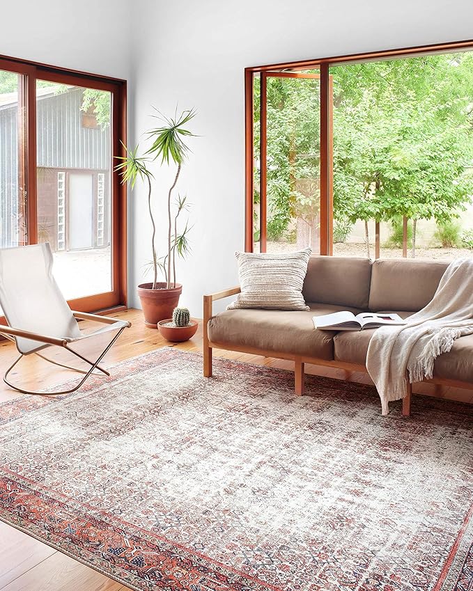 Loloi Layla Collection LAY-12 Ivory/Brick 2'-3" x 3'-9" .13" Thick Accent Rug, Soft, Durable, Vintage Inspired, Distressed, Low Pile, Non-Shedding, Easy Clean, Printed, Living Room Rug