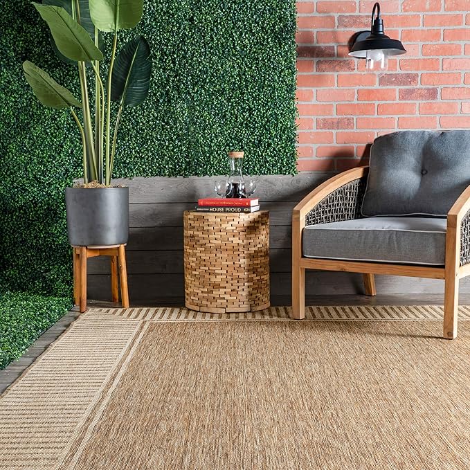nuLOOM 4' x 6' Outdoor Area Rug, Casual Design With Striped Border, Stain Resistant, Highly Durable, For Patio, Balcony, Bedroom, Living Room, Dining Room, Bathroom, Light Brown