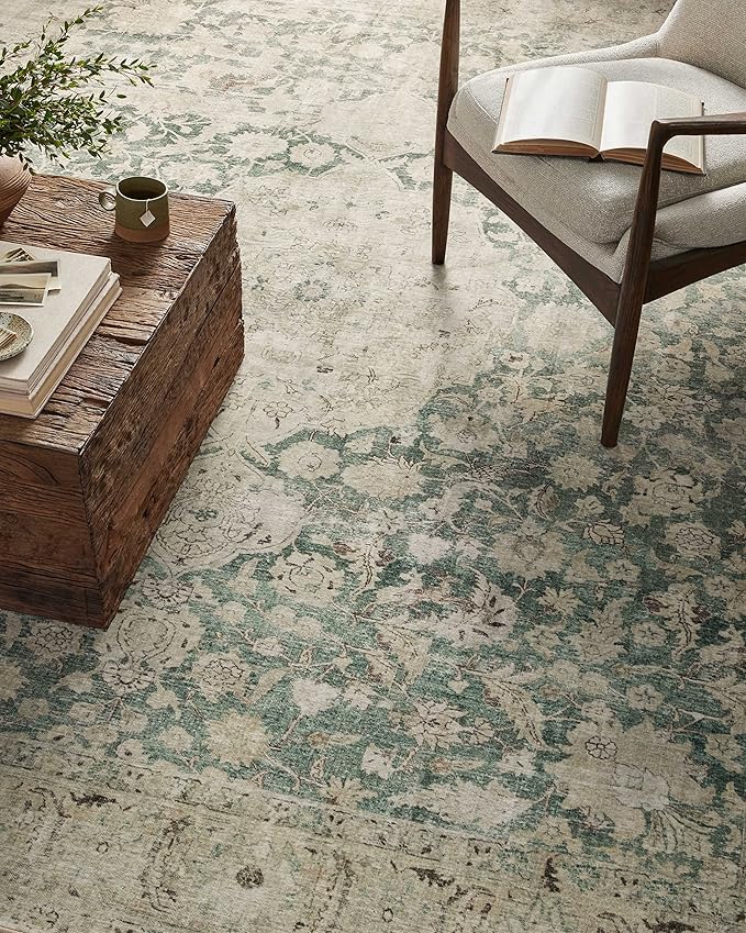 Loloi Magnolia Home by Joanna Gaines Sinclair Collection SIN-05 Jade/Sand 3'-6" x 5'-6", .25" Pile Height, Machine Washable, Accent Rug
