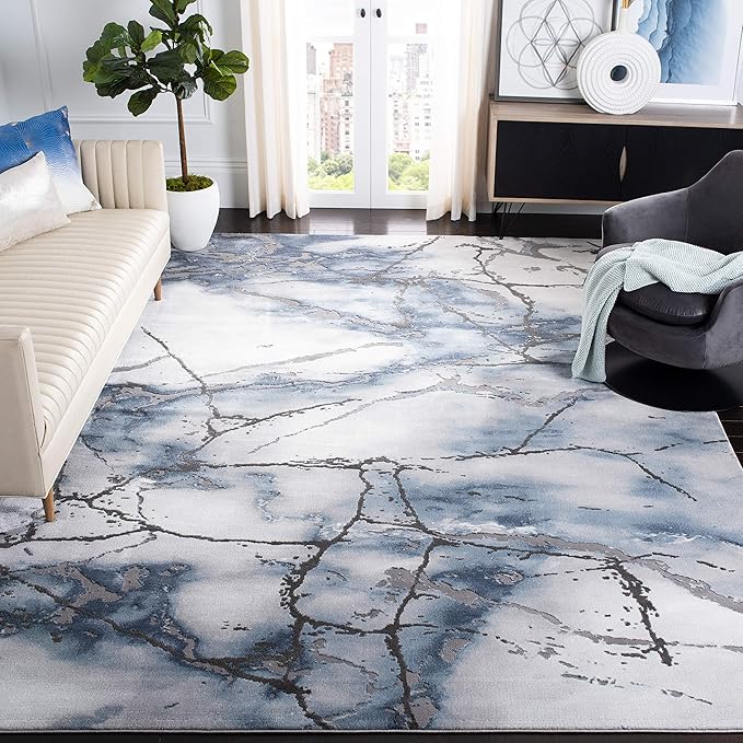 SAFAVIEH Craft Collection Area Rug - 8' Square, Grey & Blue, Modern Abstract Design, Non-Shedding & Easy Care, Ideal for High Traffic Areas in Living Room, Bedroom (CFT877L)