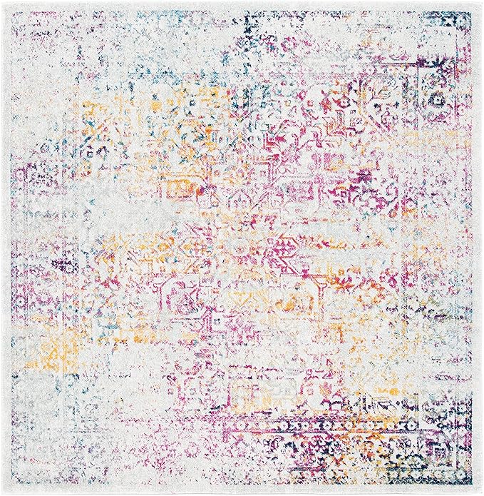 SAFAVIEH Evoke Collection Area Rug - 6'7" Square, Ivory & Fuchsia, Distressed Design, Non-Shedding & Easy to Clean, Ideal for Living Room, Bedroom, Dining Space (EVK256Q)