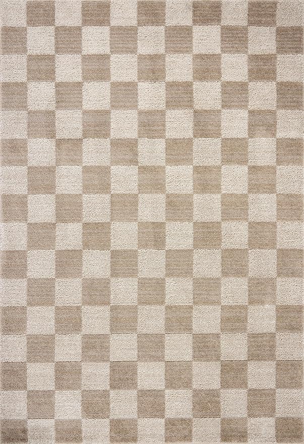Loloi Chris Loves Julia Calvin Collection CLV-01 Pebble/Ivory 2'-7" x 7'-6" Runner Rug Checkered Neutral Soft Living Room Bedroom Carpet