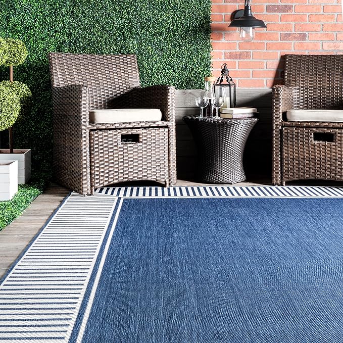 nuLOOM 10' x 12' Outdoor Area Rug, Casual Design With Striped Border, Stain Resistant, Highly Durable, For Patio, Balcony, Bedroom, Living Room, Dining Room, Bathroom, Navy