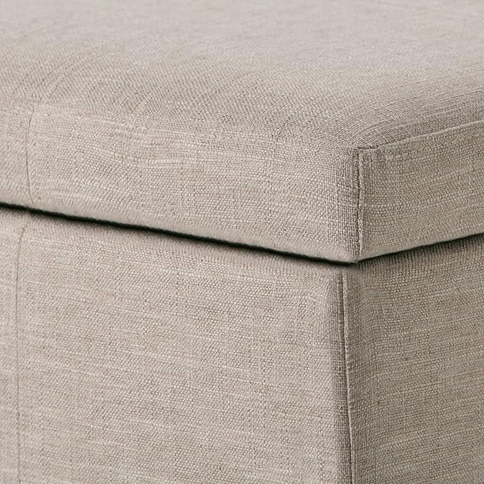 SIMPLIHOME Kingsley 48 inch Wide Transitional Rectangle Large Storage Ottoman in Natural Linen Look Fabric, Assembled, For the Living Room, Entryway and Family Room