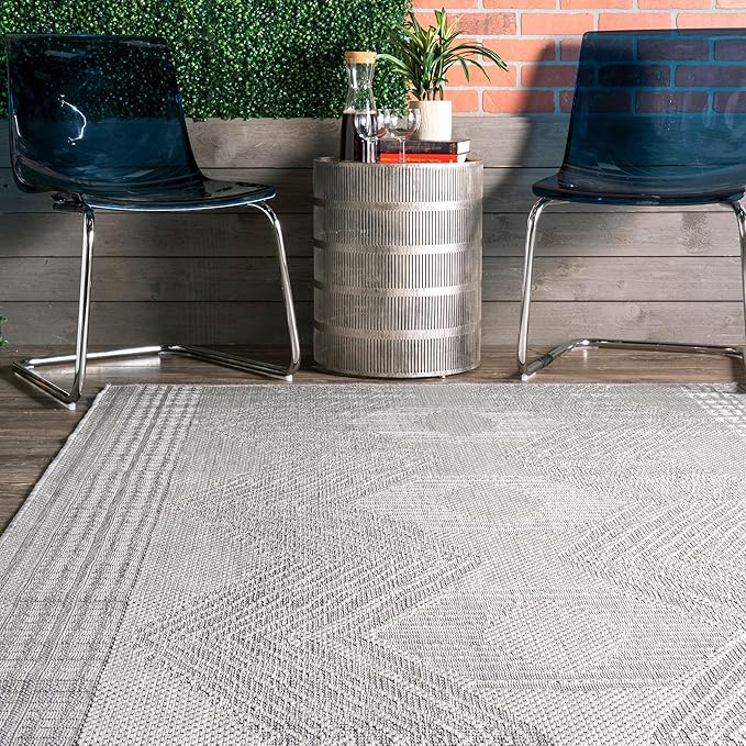 nuLOOM 7' Square Outdoor Tribal Geometric Area Rug, Stain Resistant, Weather Resistant, High Traffic, Patio, Balcony, Outside, Ranya Light Grey