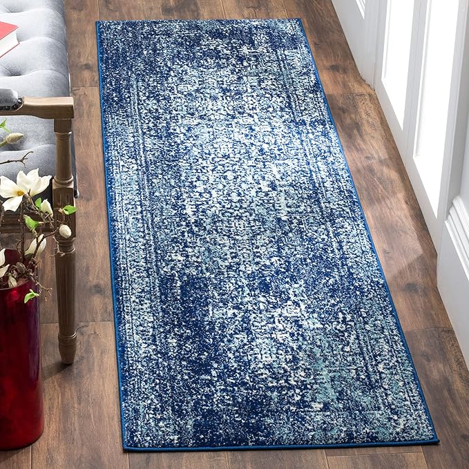 SAFAVIEH Evoke Collection 2'2" x 15' Navy/Ivory EVK256A Oriental Distressed Non-Shedding Living Room Bedroom Runner Rug