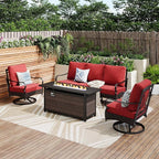 PHI VILLA Patio Furniture Set with 56" Fire Pit Table, Premium Outdoor Wicker Metal Frame Furniture with Upgraded Waterproof Thick Cushions for Porch, Poolside, Deck, and Yard （4 Pieces,Red