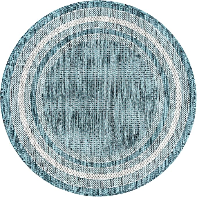 Unique Loom Outdoor Border Collection Area Rug - Soft Border (3' 1" Round, Teal/ Ivory)