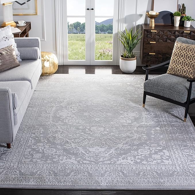 SAFAVIEH Area Rug 11x15 - Reflection Collection - Large - Light Grey & Cream, Non-Shedding & Easy Cleaning, Ideal for Living Room, Bedroom (RFT668G)