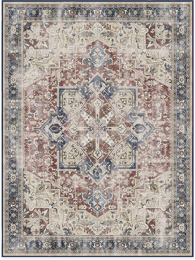 RUGGABLE Washable Vintage Area Rug – Kamran Royal Blue 9x12, Stain-Resistant, Non-Slip – Large Machine Washable Rugs for Living Room, Bedroom, Hallway, Entryway & Office–with Standard Pad