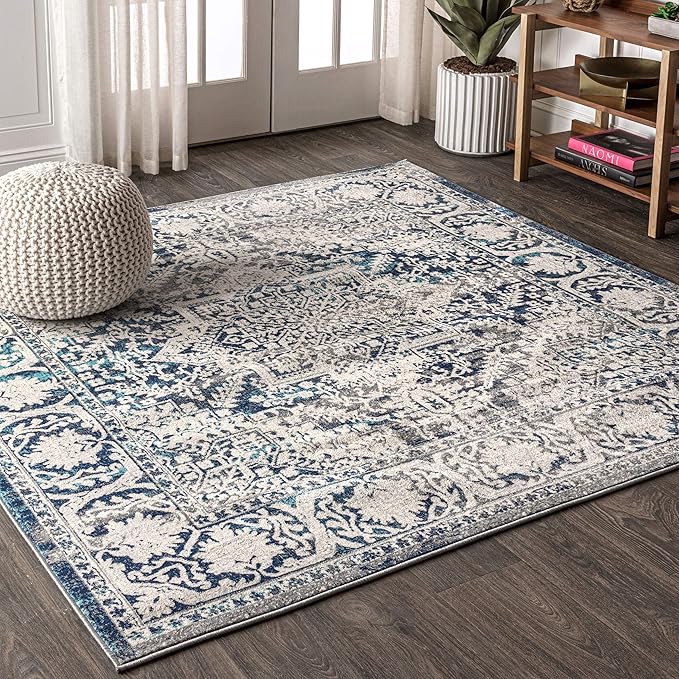JONATHAN Y Modern Vintage Medallion Navy/Light Gray 9x9 Square Indoor Area Rug, Country, Floral, Easy-Cleaning for Living Room, Bedroom, Kitchen, Pet Friendly, Non-Shedding (MDP100B-9SQ)