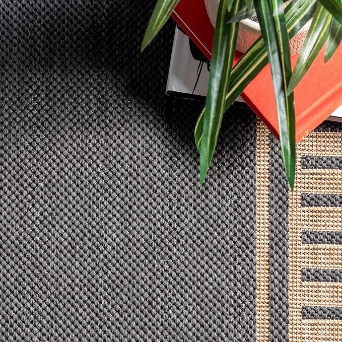 nuLOOM 9'6" x 12' Outdoor Area Rug, Casual Design With Striped Border, Stain Resistant, Highly Durable, For Patio, Balcony, Bedroom, Living Room, Dining Room, Bathroom, Dark Grey
