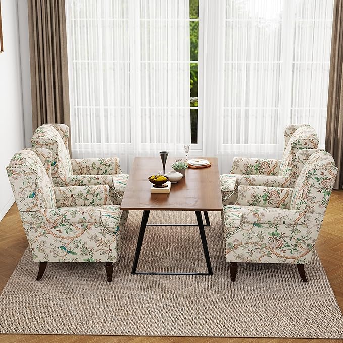 Accent Chair, Upholstered High Back Floral Armchair with Nailhead Trim & Wood Legs, Comfy Wingback Reading Single Sofa Chair for Small Spaces, Living Room, Bedroom (Bird Floral, Set of 2)