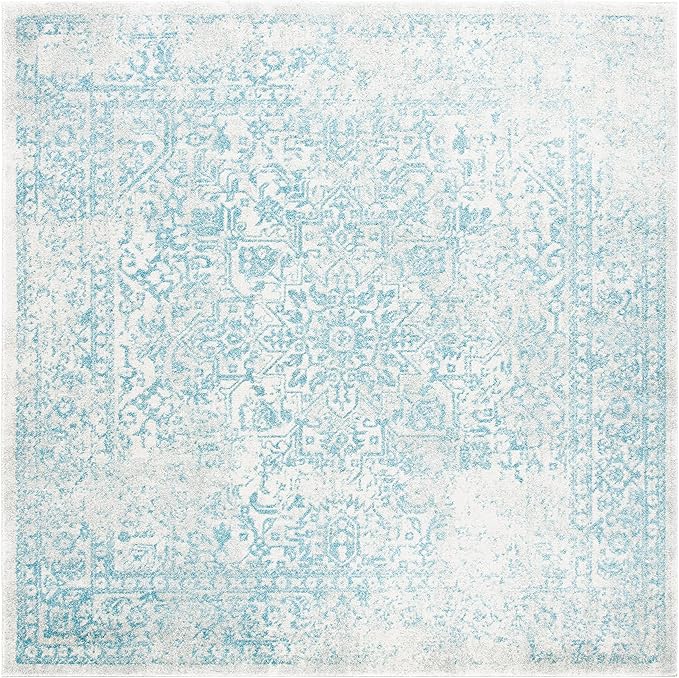SAFAVIEH Evoke Collection Area Rug - 5'3" Square, Ivory & Aqua, Distressed Design, Non-Shedding & Easy to Clean, Ideal for Living Room, Bedroom, Dining Space (EVK256J)