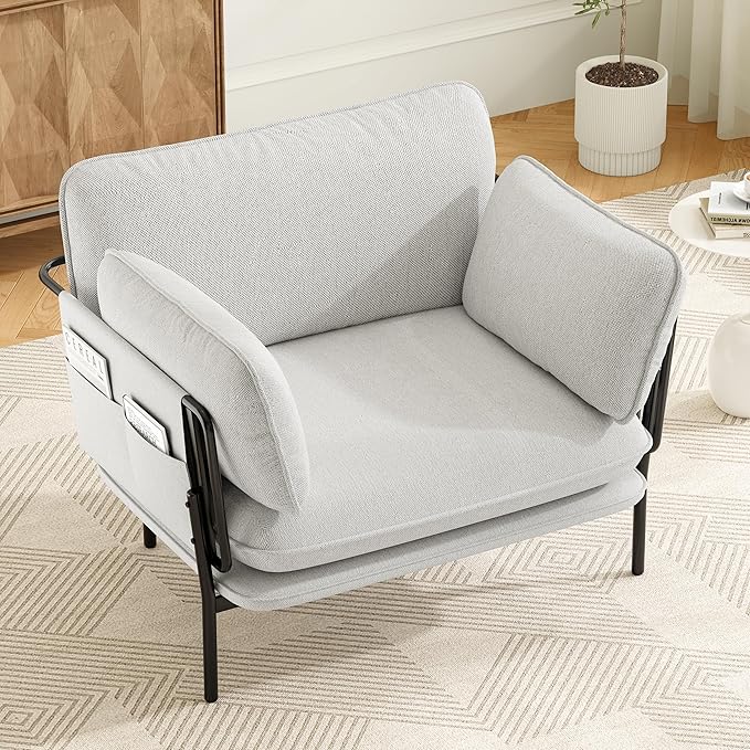 Modern Accent Chairs Set of 2, Oversized Living Room Chairs, Reading Chair with Solid Metal Legs, Fabric Armchair with Side Pockets and 2 Pillows, Accent Chairs for Bedroom, Nursery, White